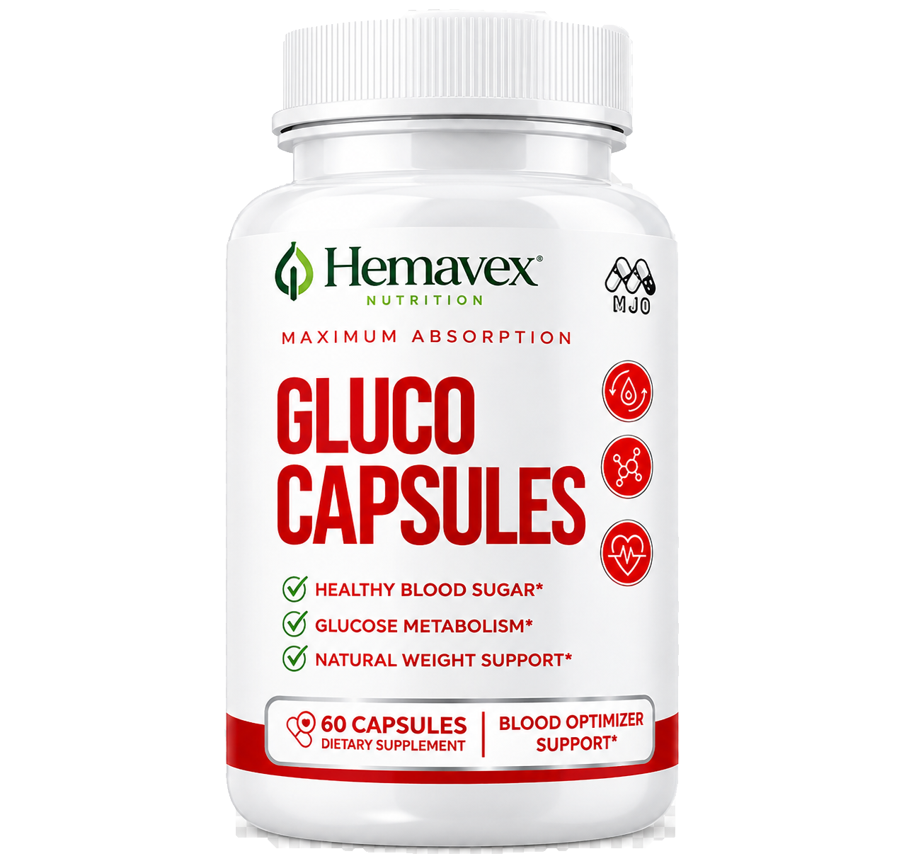 Original Hemavex Gluco Capsules bottle showing 60 capsules and label claims